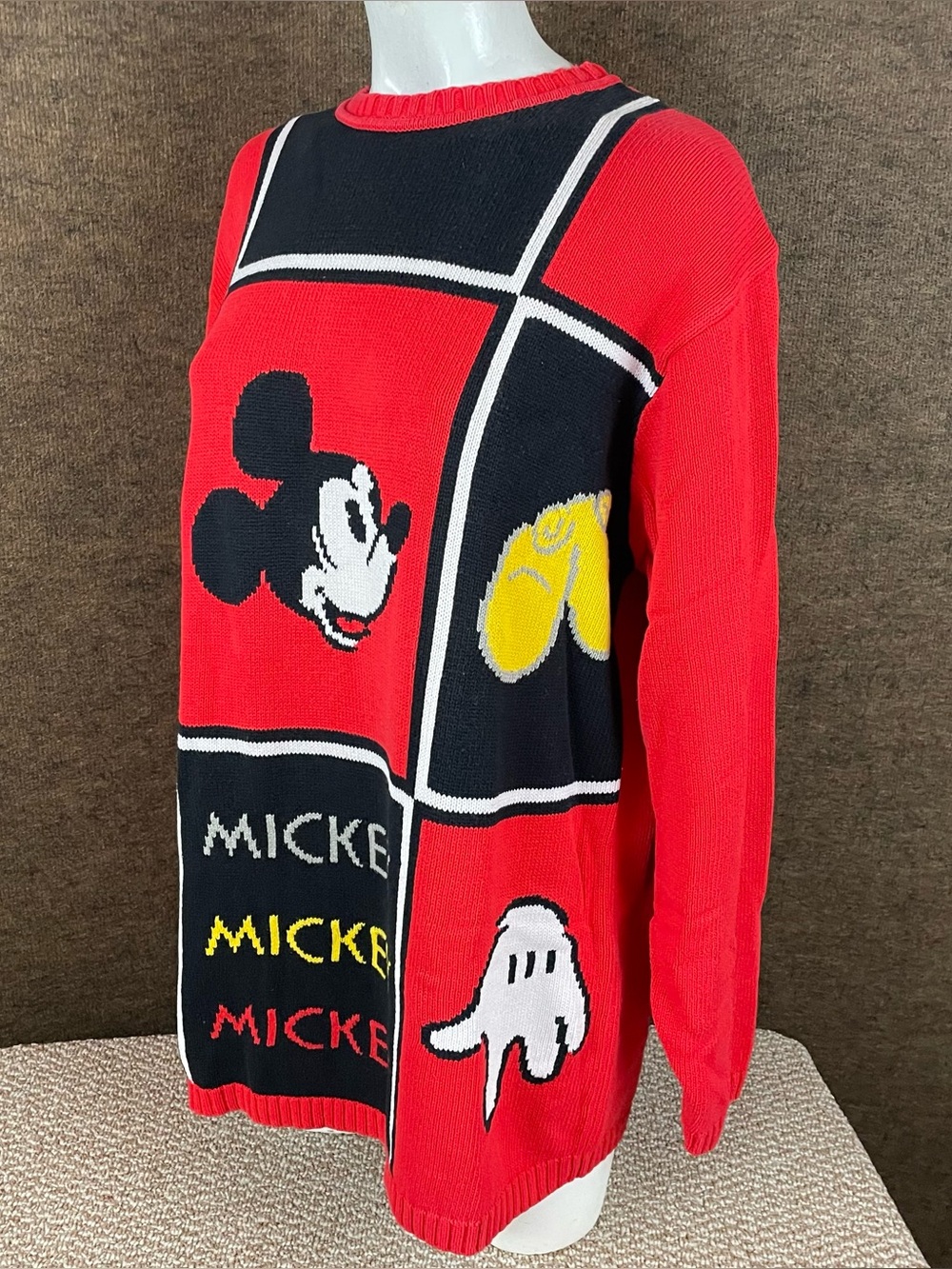 Vintage 90s Disney Mickey Mouse Sweater Women’s XL Colorblock Panel Knit D18
